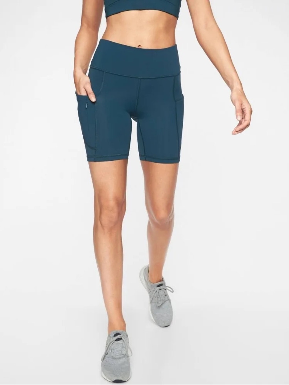Athleta Deep Teal Mid-Rise ALL IN 7” inseam Bike Shorts with Side Pockets